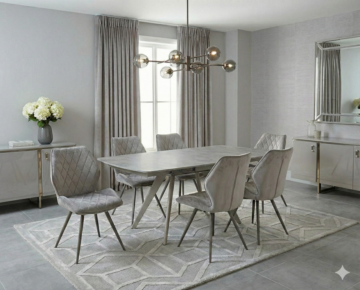 Cambridge grey dining table shown with matching chairs