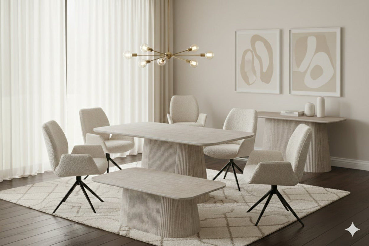 Fairmont beige swivel dining chair shown with Davos table