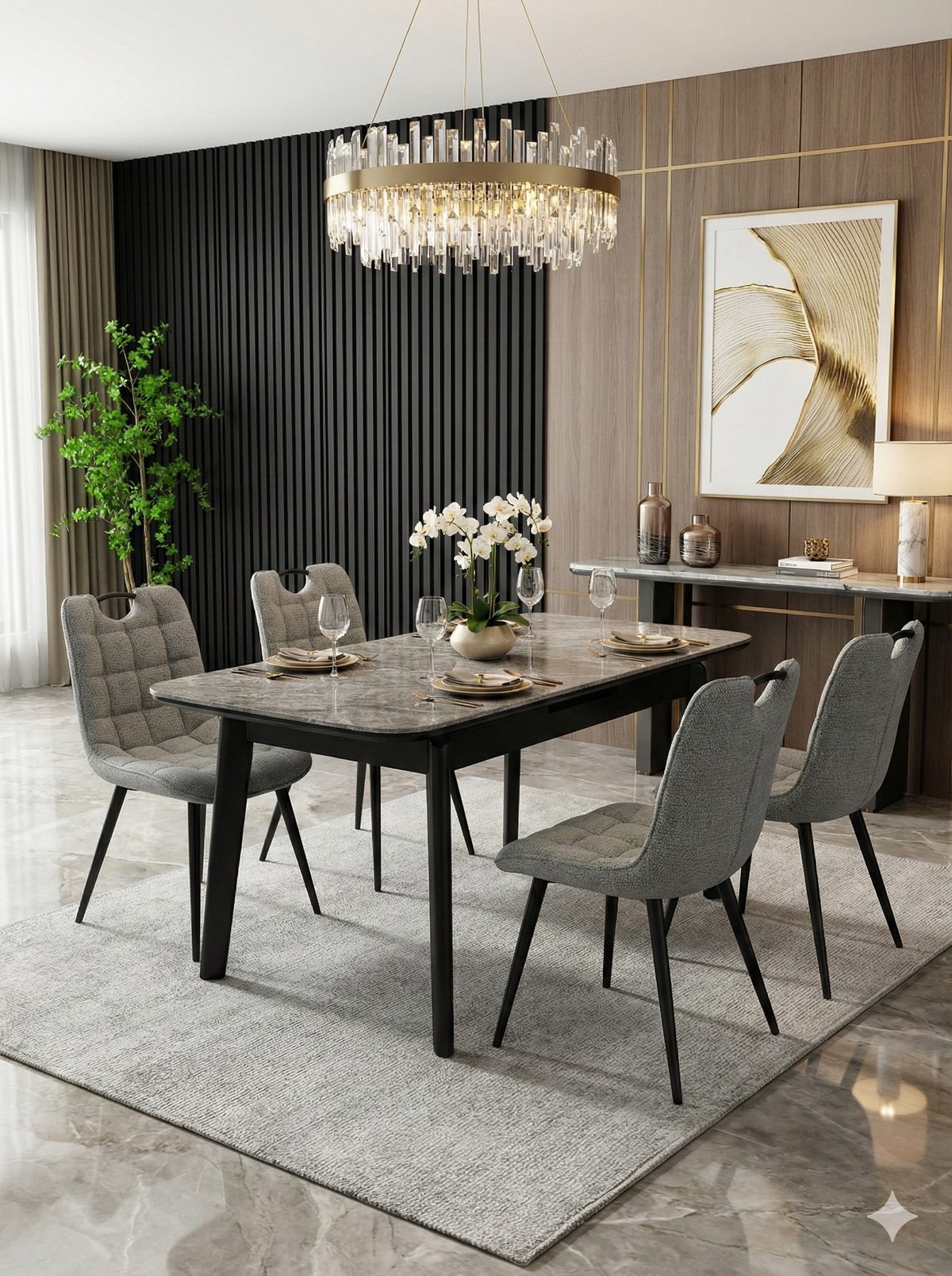 Monza grey dining chair shown with Arizona table