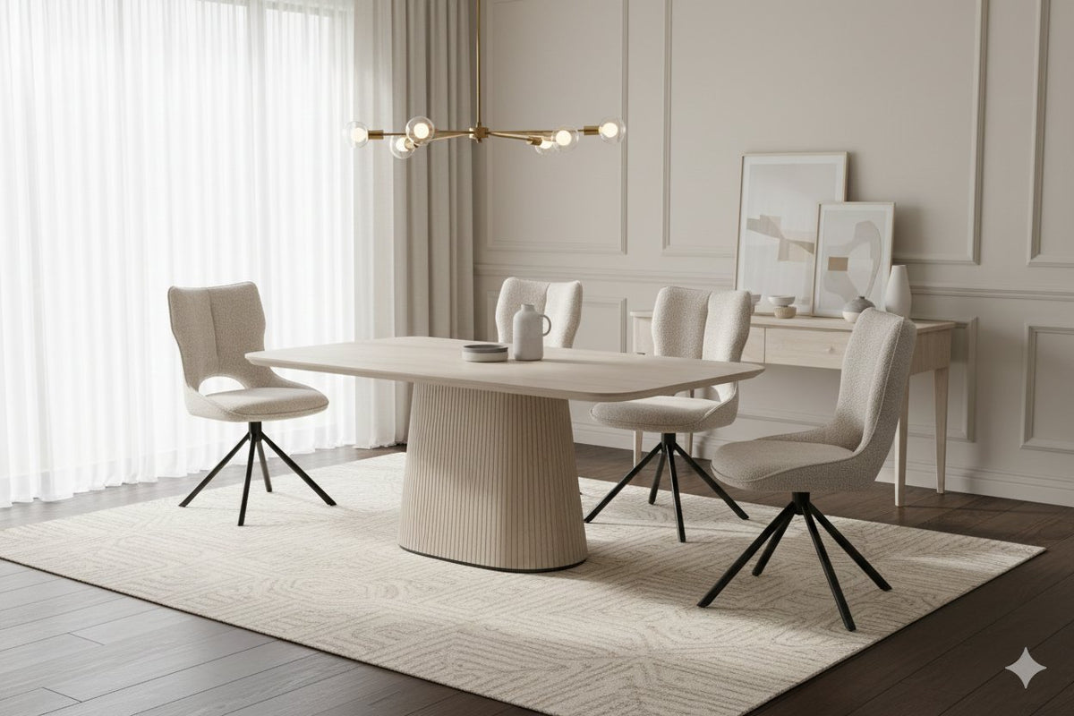 Davos beige dining table shown with chairs