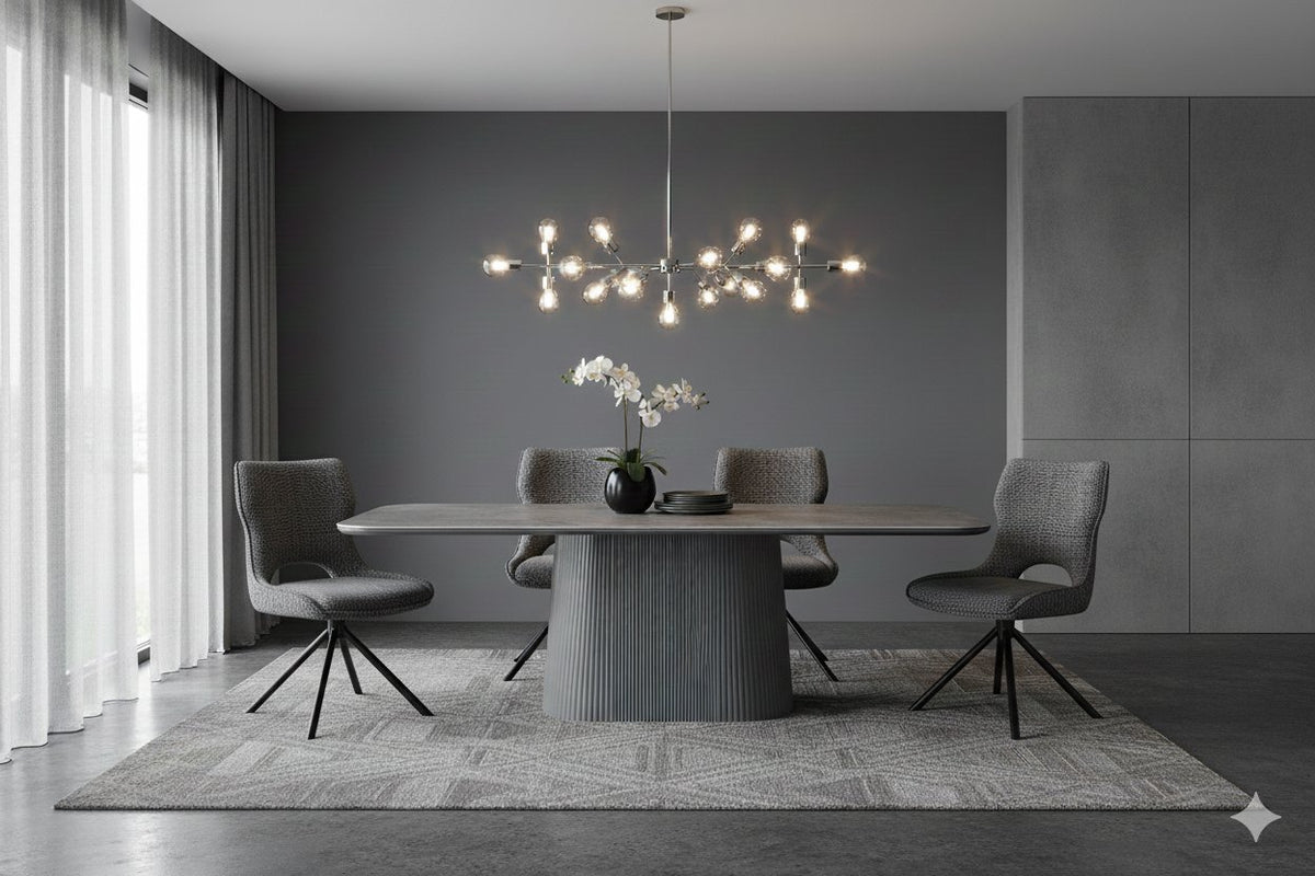 Davos grey dining table shown with chairs