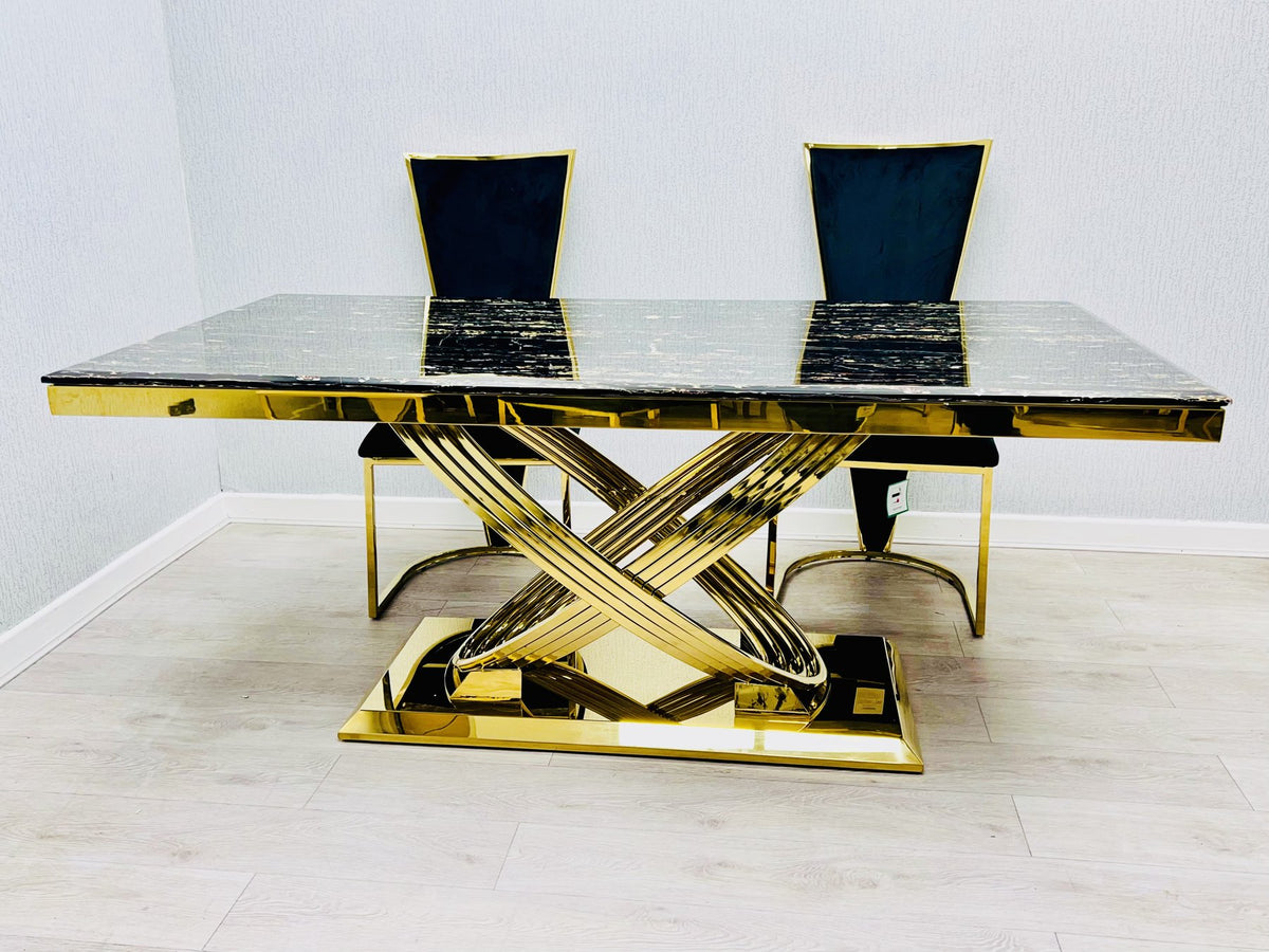 Elina Black and Gold dining table shown with chairs