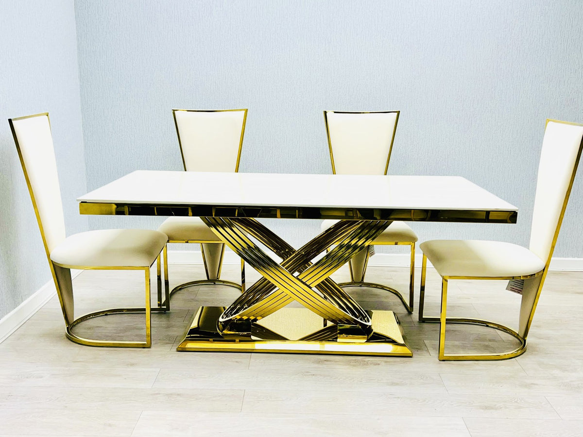 Elina Cream and Gold dining table shown with chairs