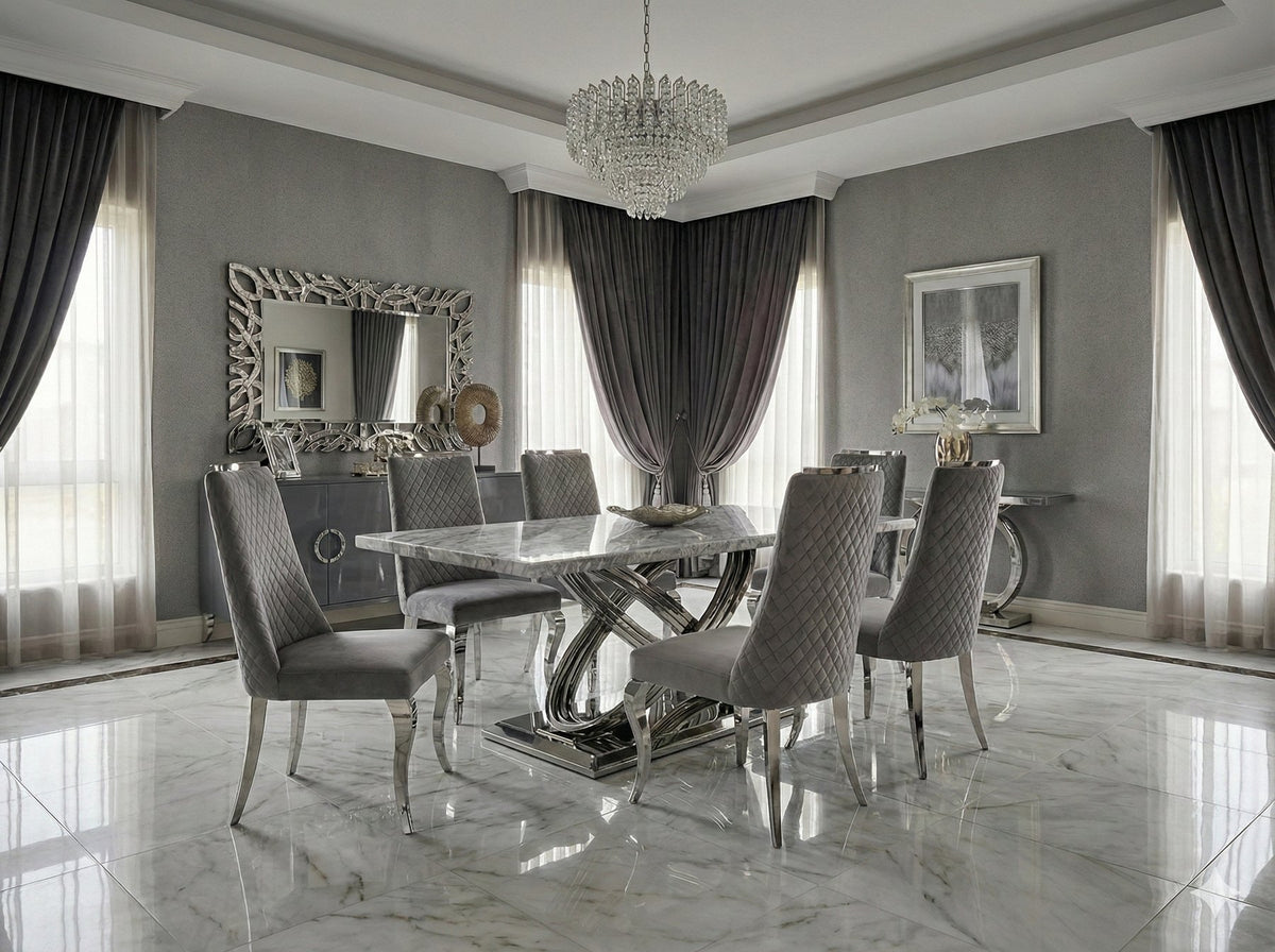 Elina Grey and Silver dining table shown with chairs