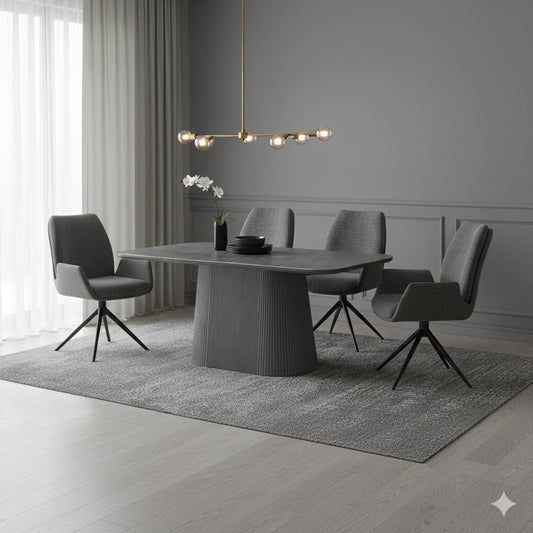 Fairmont grey swivel dining chair shown with Davos table