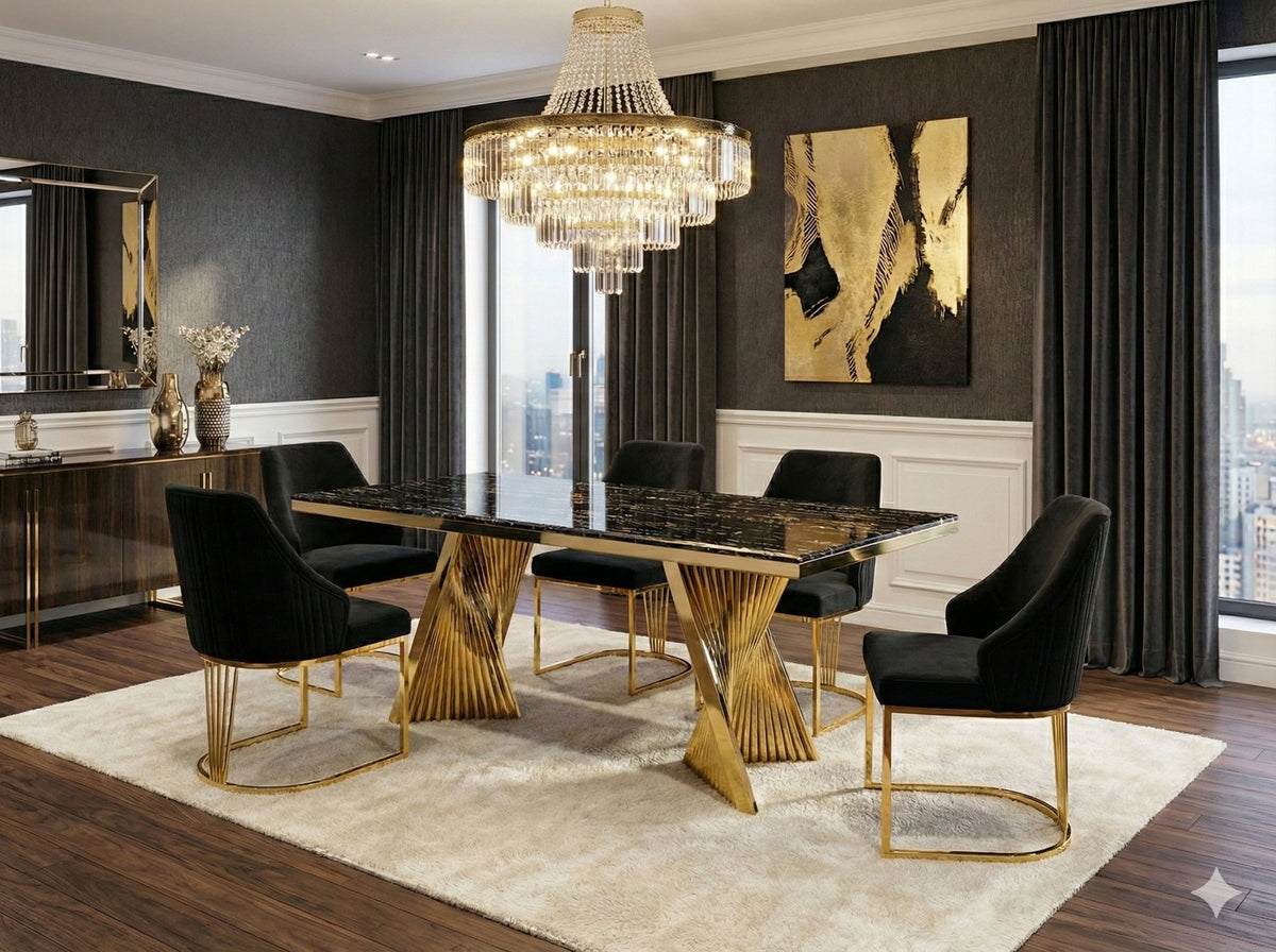 Ravello black and gold dining table shown with chairs