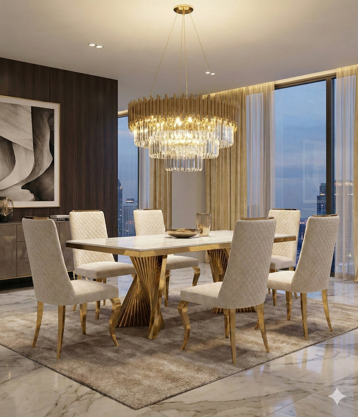 Ravello cream and gold dining table shown with chairs