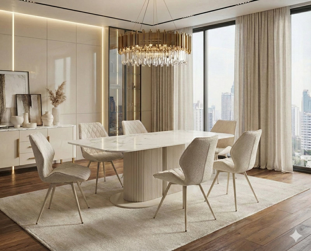 Sydney cream ceramic dining table shown with chairs