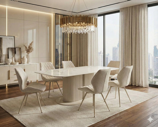 Sydney cream ceramic dining table shown with chairs